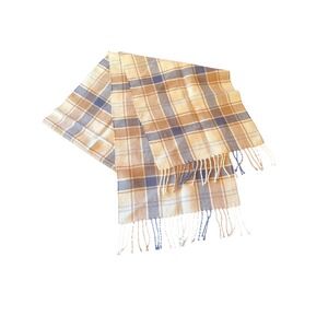 MFH Knits Scarf Tan Blue Plaid 100% Baby Alpaca Made in Peru Fringe Wrap